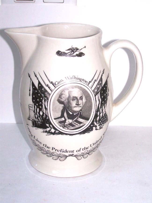 A very attractive reproduction Liverpool pitcher depicting George Washington and the first 16 States as of 1796.